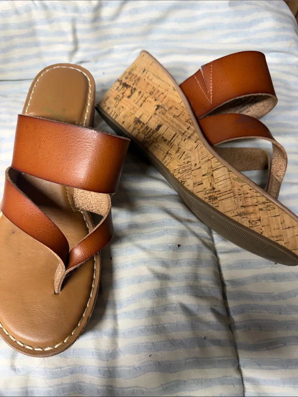 Women's Tan Leather Wedge Slide Sandals